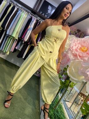 Strapless Lemon Yellow Jumpsuit with Pockets